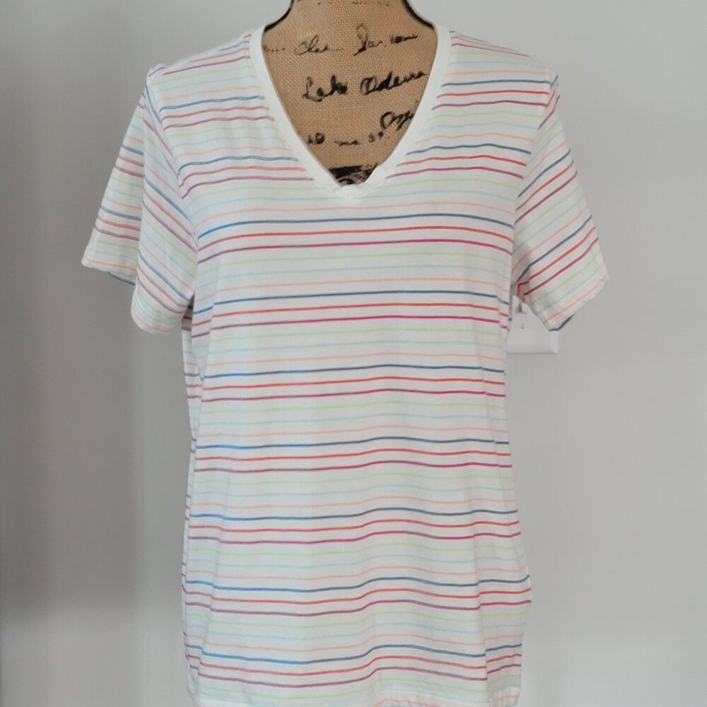 Lands End Women's Striped Multicolor Cotton Short Sleeve T Shirt Large 14-16